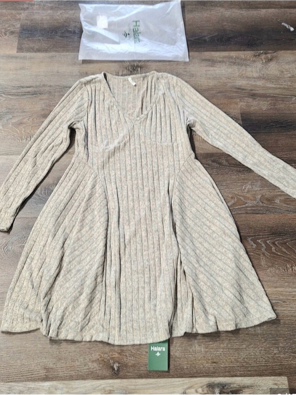 NWT Halara Ribbed Knit V Neck Long Sleeve Flare Mini Casual Dress